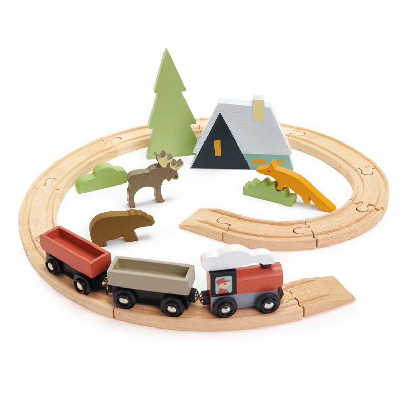 wooden train set with animals